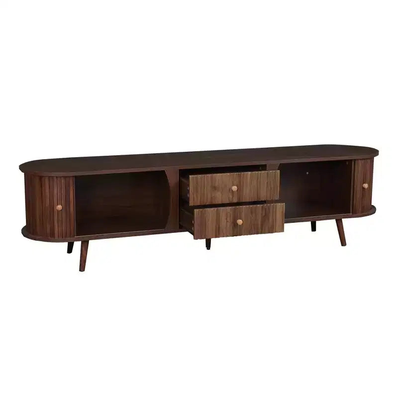 Meuble TV moderne Mid-Century pour téléviseurs jusqu'à 80", portes tambour et tiroirs cannelés, marron noyer