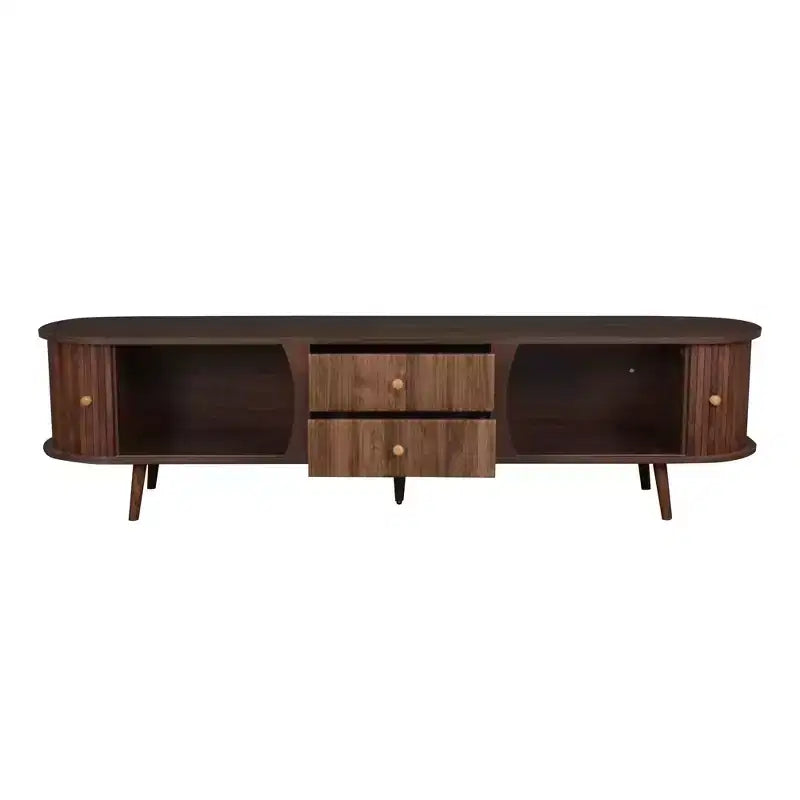 Meuble TV moderne Mid-Century pour téléviseurs jusqu'à 80", portes tambour et tiroirs cannelés, marron noyer