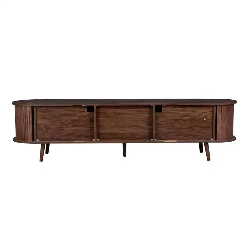 Meuble TV moderne Mid-Century pour téléviseurs jusqu'à 80", portes tambour et tiroirs cannelés, marron noyer