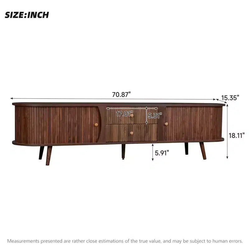 Meuble TV moderne Mid-Century pour téléviseurs jusqu'à 80", portes tambour et tiroirs cannelés, marron noyer
