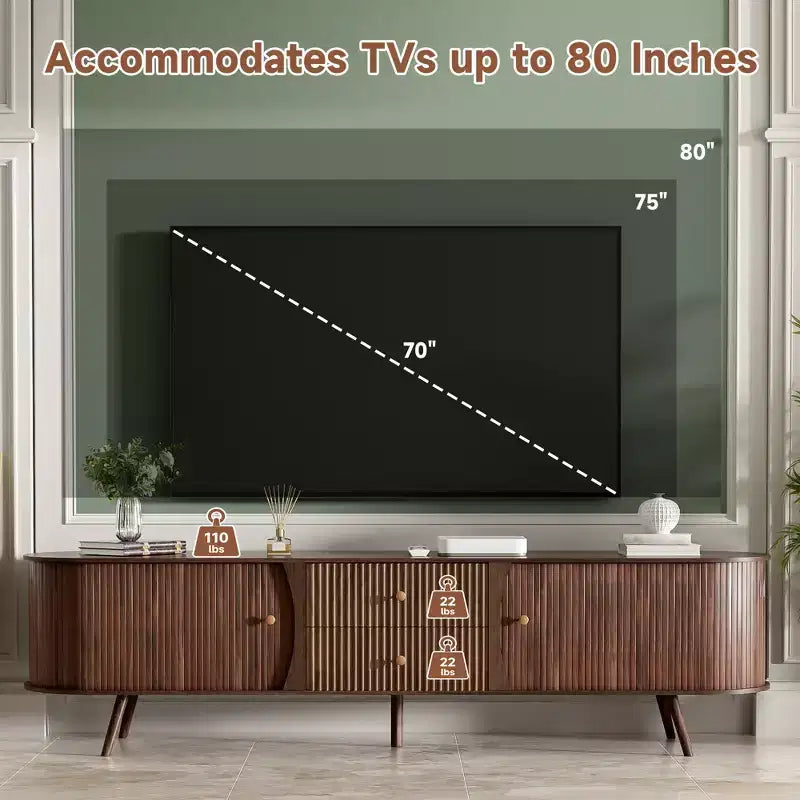 Meuble TV moderne Mid-Century pour téléviseurs jusqu'à 80", portes tambour et tiroirs cannelés, marron noyer