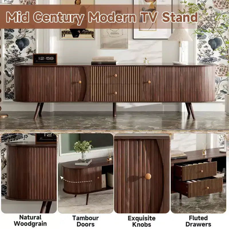 Meuble TV moderne Mid-Century pour téléviseurs jusqu'à 80", portes tambour et tiroirs cannelés, marron noyer
