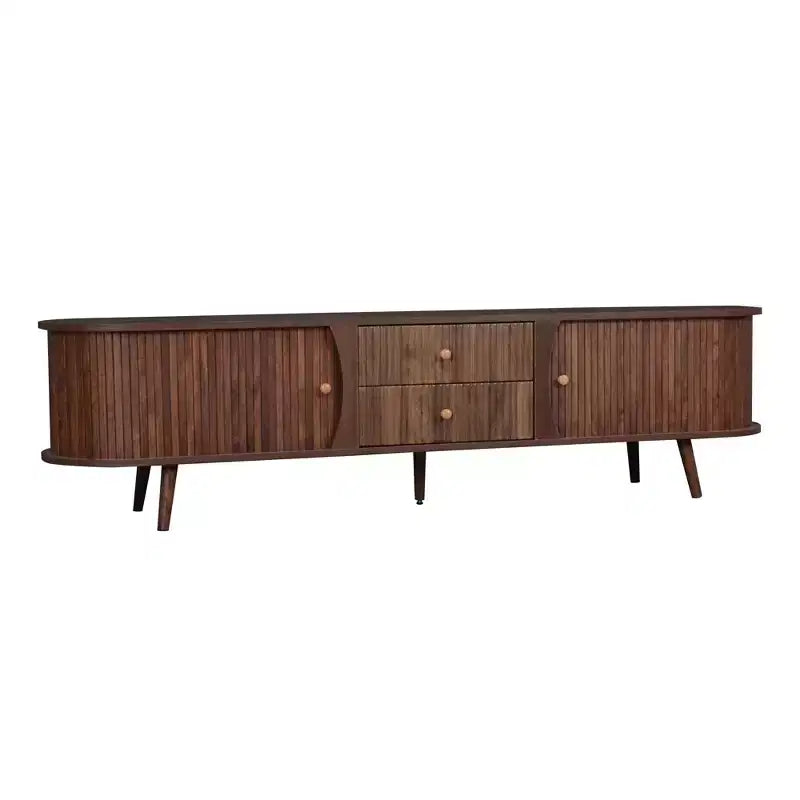 Meuble TV moderne Mid-Century pour téléviseurs jusqu'à 80", portes tambour et tiroirs cannelés, marron noyer