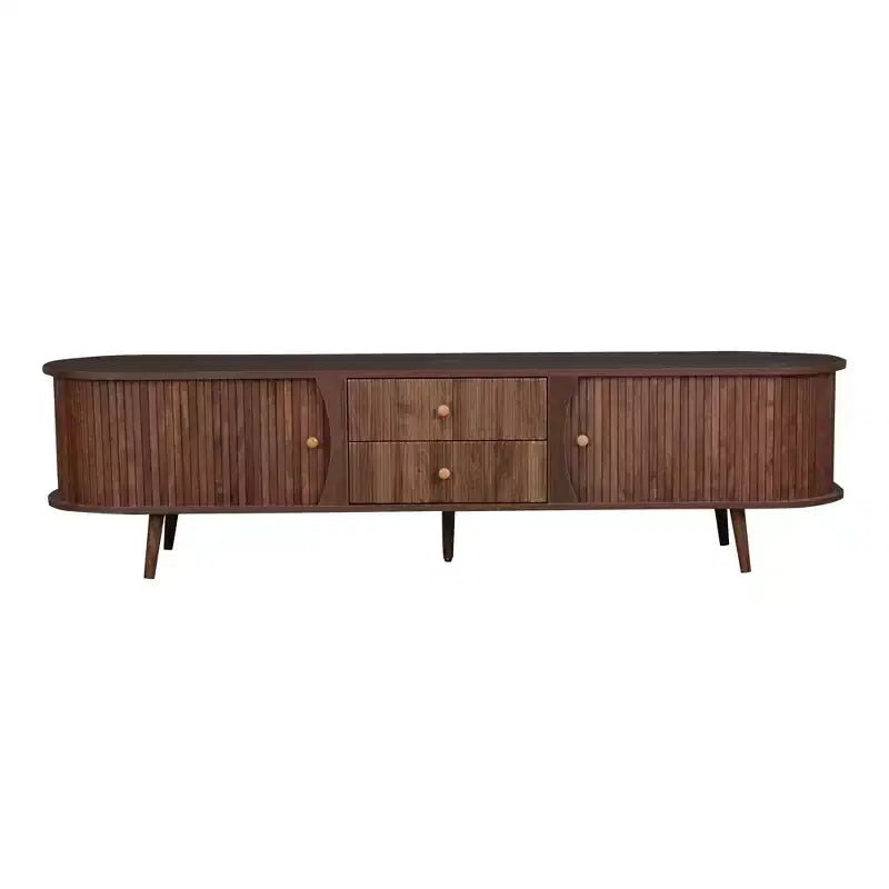 Meuble TV moderne Mid-Century pour téléviseurs jusqu'à 80", portes tambour et tiroirs cannelés, marron noyer