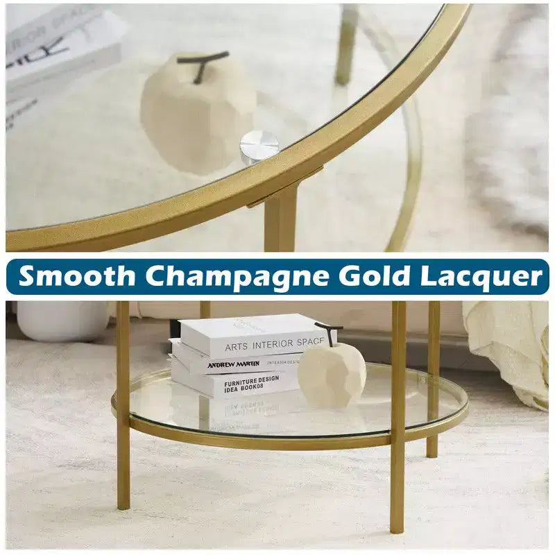 Table basse ronde en verre de 65 cm avec 2 niveaux de rangement, structure métallique dorée