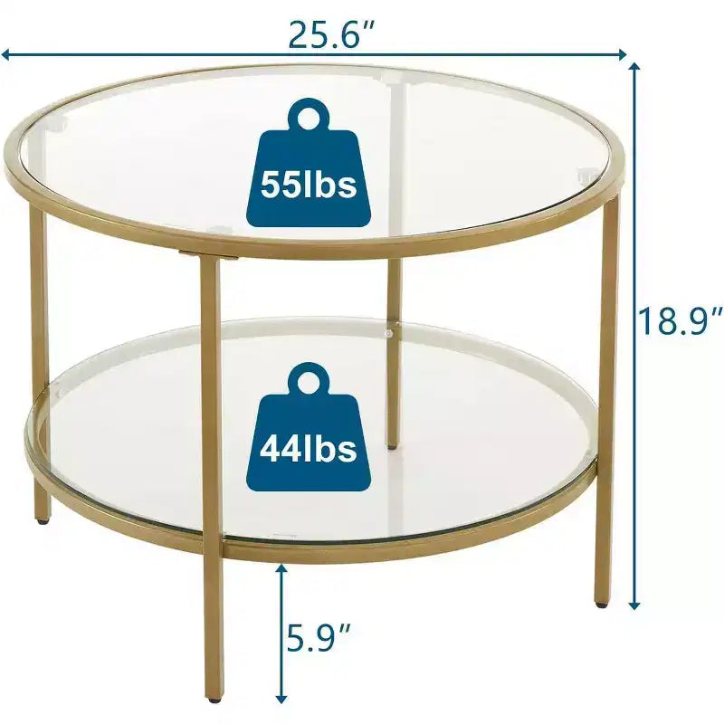 Table basse ronde en verre de 65 cm avec 2 niveaux de rangement, structure métallique dorée