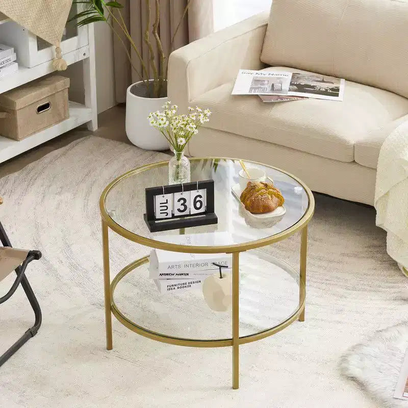 Table basse ronde en verre de 65 cm avec 2 niveaux de rangement, structure métallique dorée
