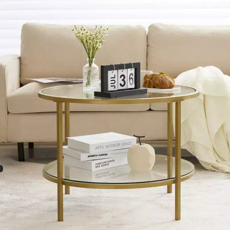 Table basse ronde en verre de 65 cm avec 2 niveaux de rangement, structure métallique dorée