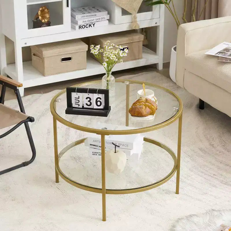 Table basse ronde en verre de 65 cm avec 2 niveaux de rangement, structure métallique dorée