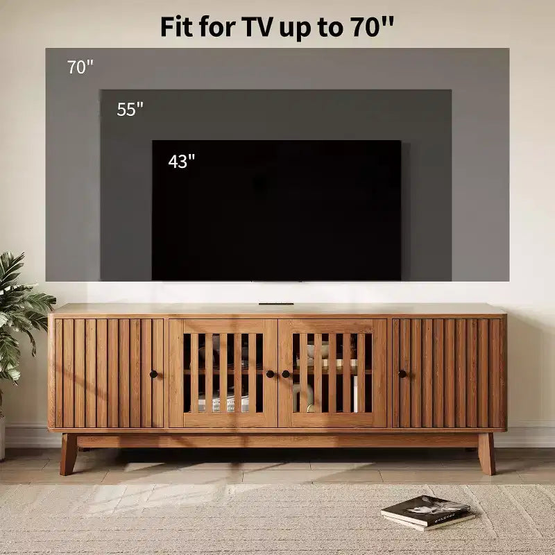 Meuble TV moderne du milieu du siècle avec portes à persiennes, étagères réglables et rangement