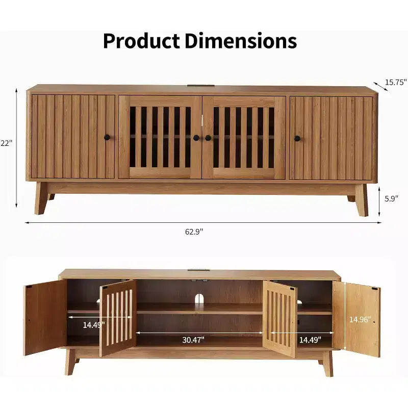 Meuble TV moderne du milieu du siècle avec portes à persiennes, étagères réglables et rangement