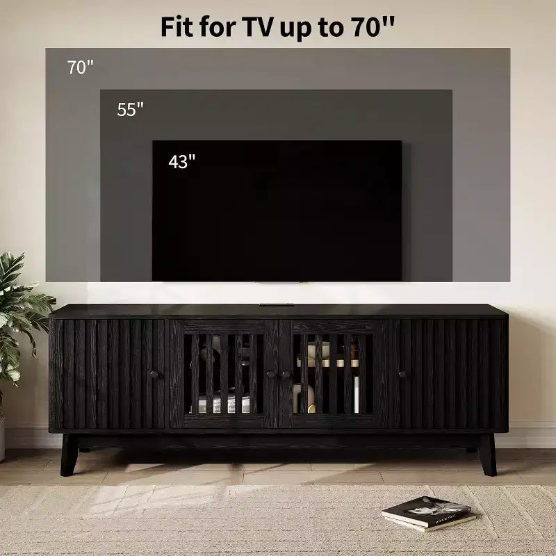 Meuble TV moderne du milieu du siècle avec portes à persiennes, étagères réglables et rangement