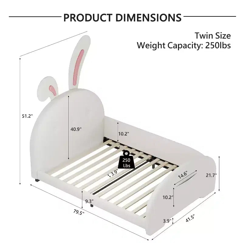 Lit de princesse lapin capitonné double, Lit plateforme avec tête de lit et pied de lit, Blanc