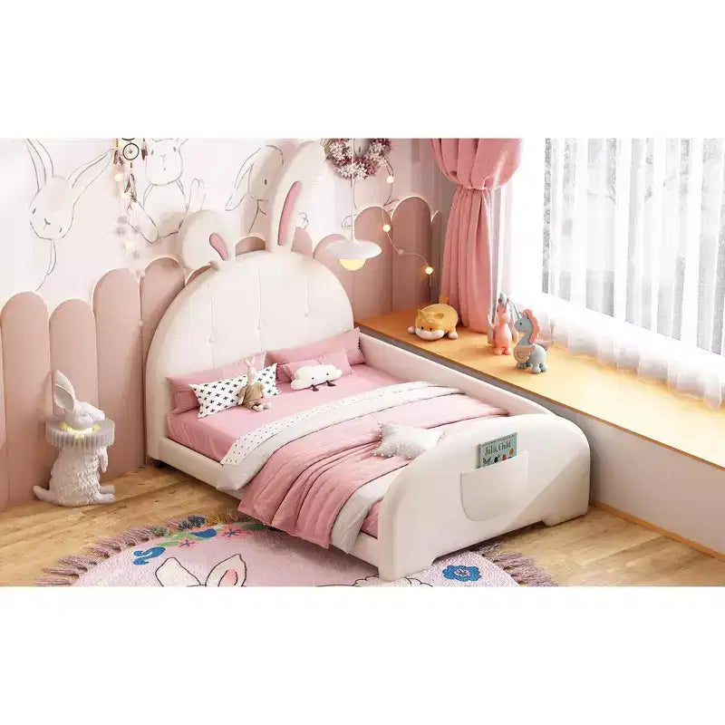 Lit de princesse lapin capitonné double, Lit plateforme avec tête de lit et pied de lit, Blanc