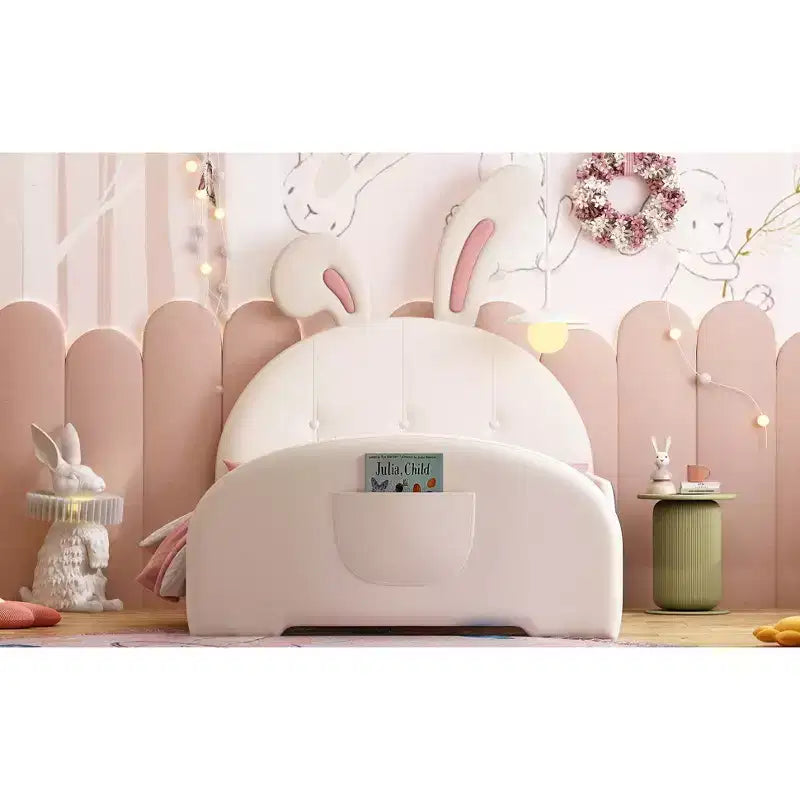 Lit de princesse lapin capitonné double, Lit plateforme avec tête de lit et pied de lit, Blanc