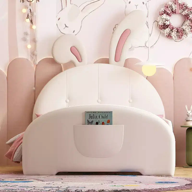 Lit de princesse lapin capitonné double, Lit plateforme avec tête de lit et pied de lit, Blanc