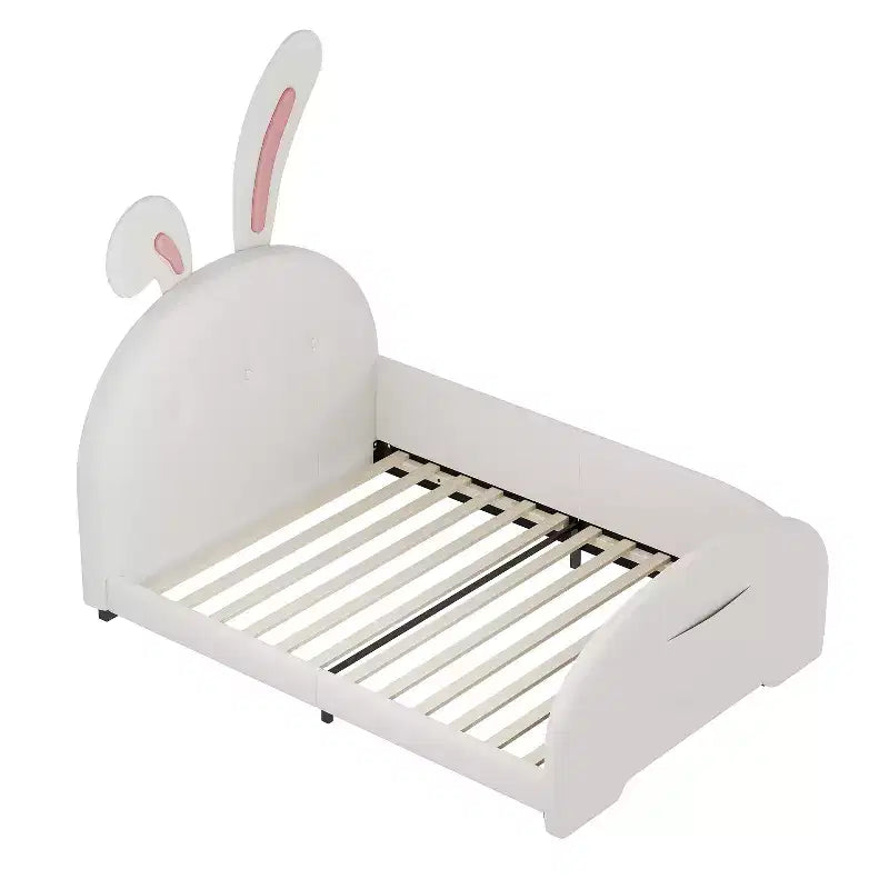Lit de princesse lapin capitonné double, Lit plateforme avec tête de lit et pied de lit, Blanc