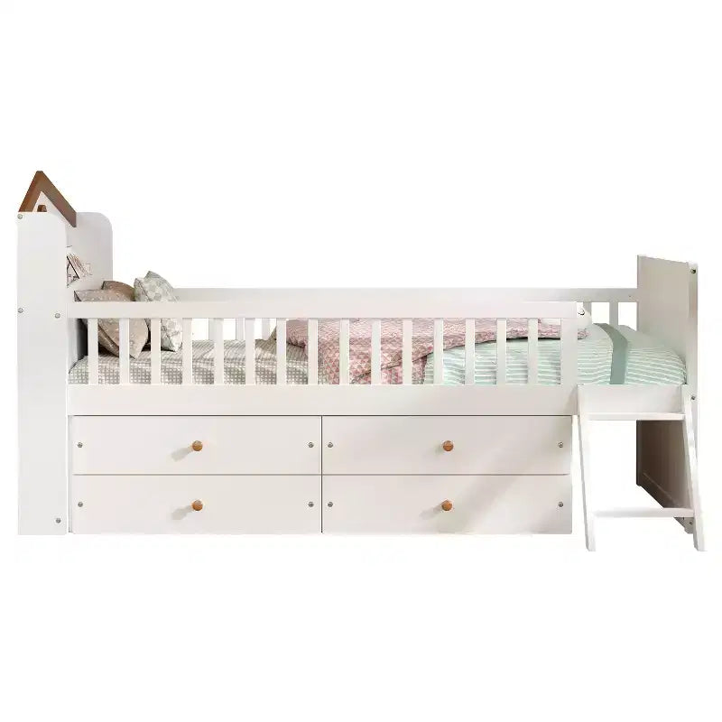 Lit jumeau avec cadre de lit et 4 tiroirs de rangement, lit plateforme en bois avec barrière de sécurité, tête de lit et échelle, blanc