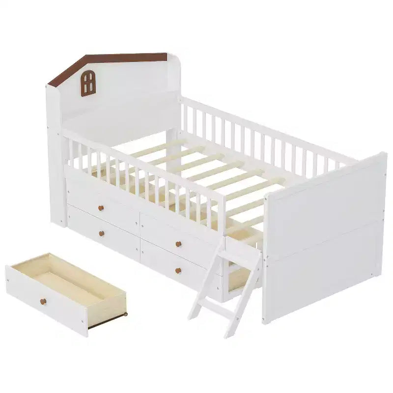 Lit jumeau avec cadre de lit et 4 tiroirs de rangement, lit plateforme en bois avec barrière de sécurité, tête de lit et échelle, blanc