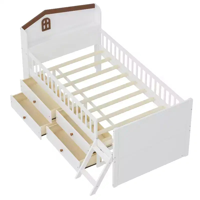 Lit jumeau avec cadre de lit et 4 tiroirs de rangement, lit plateforme en bois avec barrière de sécurité, tête de lit et échelle, blanc