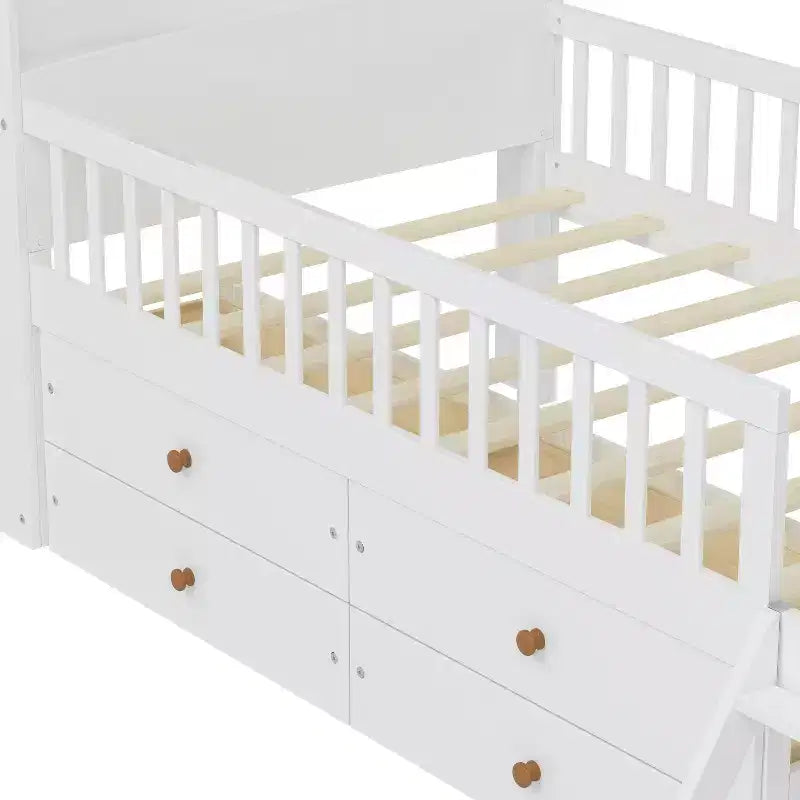 Lit jumeau avec cadre de lit et 4 tiroirs de rangement, lit plateforme en bois avec barrière de sécurité, tête de lit et échelle, blanc