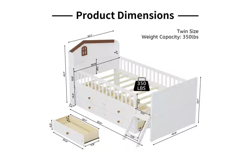 Lit jumeau avec cadre de lit et 4 tiroirs de rangement, lit plateforme en bois avec barrière de sécurité, tête de lit et échelle, blanc