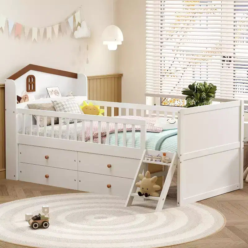 Lit jumeau avec cadre de lit et 4 tiroirs de rangement, lit plateforme en bois avec barrière de sécurité, tête de lit et échelle, blanc