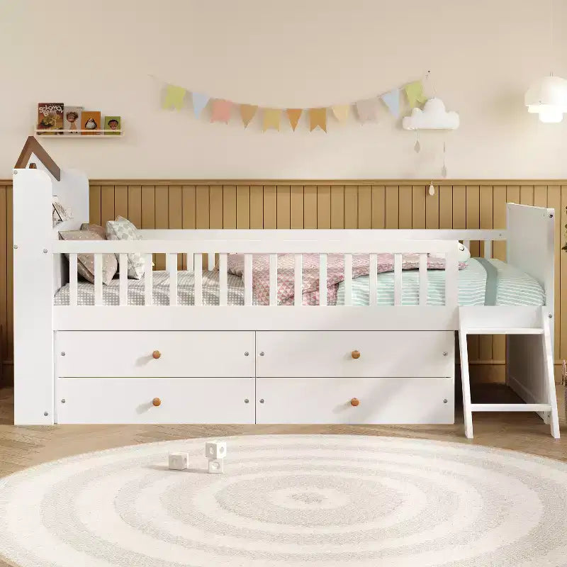 Lit jumeau avec cadre de lit et 4 tiroirs de rangement, lit plateforme en bois avec barrière de sécurité, tête de lit et échelle, blanc