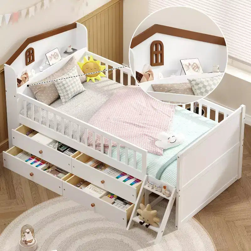 Lit jumeau avec cadre de lit et 4 tiroirs de rangement, lit plateforme en bois avec barrière de sécurité, tête de lit et échelle, blanc