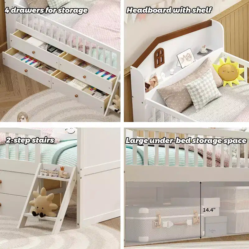 Lit jumeau avec cadre de lit et 4 tiroirs de rangement, lit plateforme en bois avec barrière de sécurité, tête de lit et échelle, blanc
