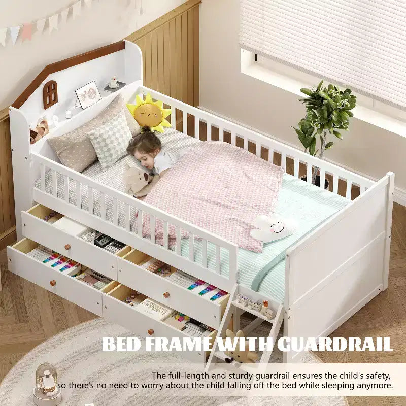 Lit jumeau avec cadre de lit et 4 tiroirs de rangement, lit plateforme en bois avec barrière de sécurité, tête de lit et échelle, blanc