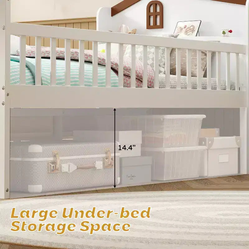 Lit jumeau avec cadre de lit et 4 tiroirs de rangement, lit plateforme en bois avec barrière de sécurité, tête de lit et échelle, blanc
