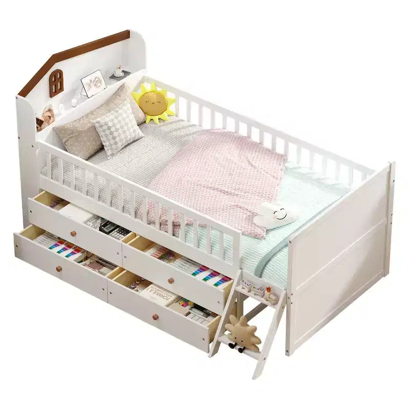 Lit jumeau avec cadre de lit et 4 tiroirs de rangement, lit plateforme en bois avec barrière de sécurité, tête de lit et échelle, blanc