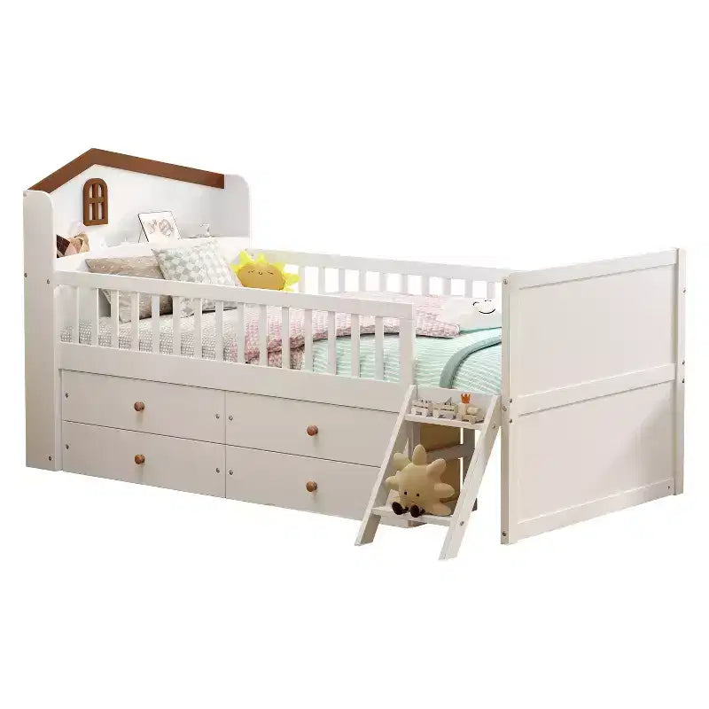 Lit jumeau avec cadre de lit et 4 tiroirs de rangement, lit plateforme en bois avec barrière de sécurité, tête de lit et échelle, blanc