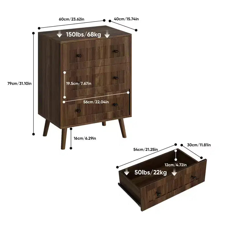 Commode moderne en bois de 24 po avec 3 tiroirs et poignées en métal