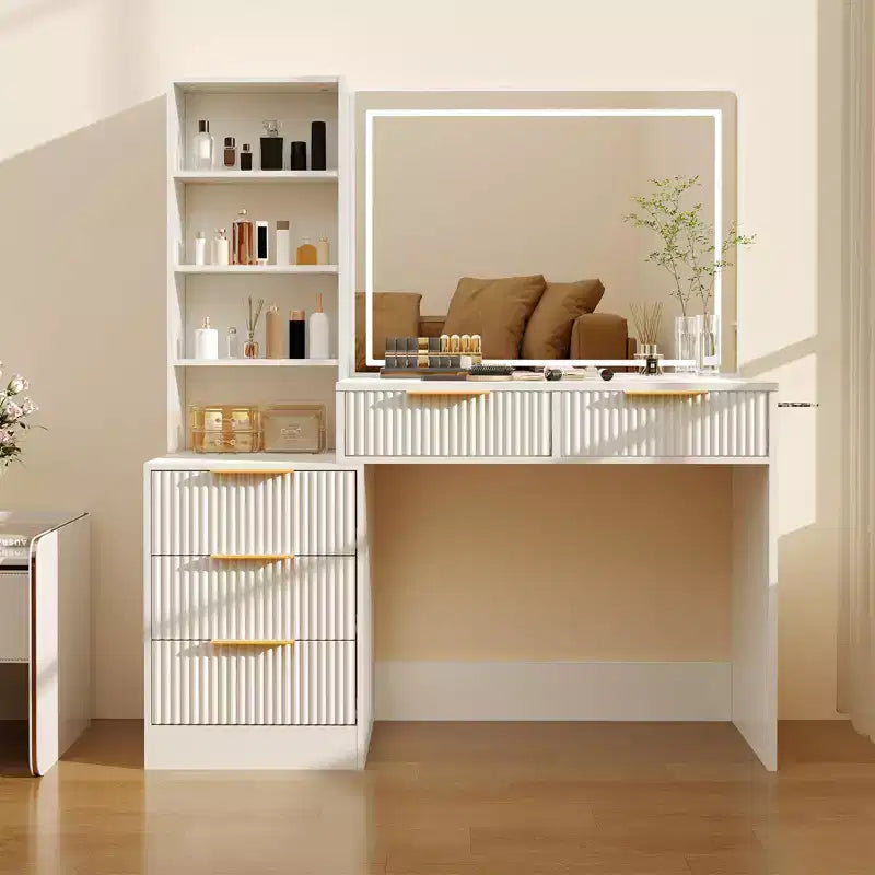 Coiffeuse de maquillage avec miroir éclairé et station de recharge, tactile 3 couleurs à intensité variable, 5 tiroirs et plateau en verre, table de maquillage moderne pour chambre à coucher