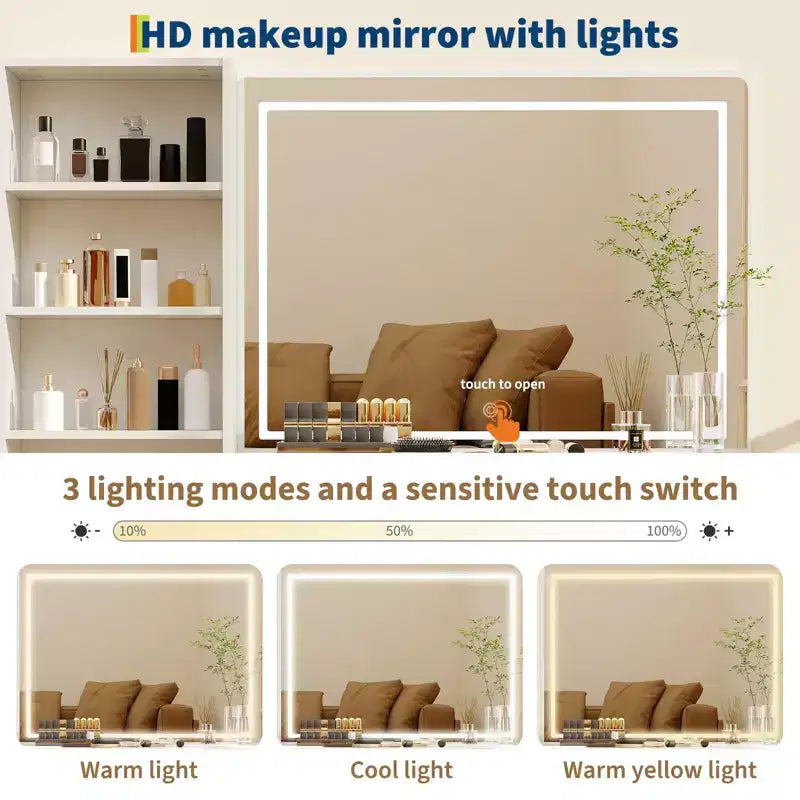 Coiffeuse de maquillage avec miroir éclairé et station de recharge, tactile 3 couleurs à intensité variable, 5 tiroirs et plateau en verre, table de maquillage moderne pour chambre à coucher