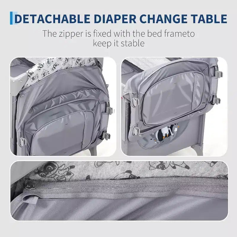 Berceau et parc pour bébé 4 en 1 - Lit portable gris clair avec table à langer, porte zippée et arche de jouets - Roues verrouillables et rangement pour nouveau-nés et tout-petants