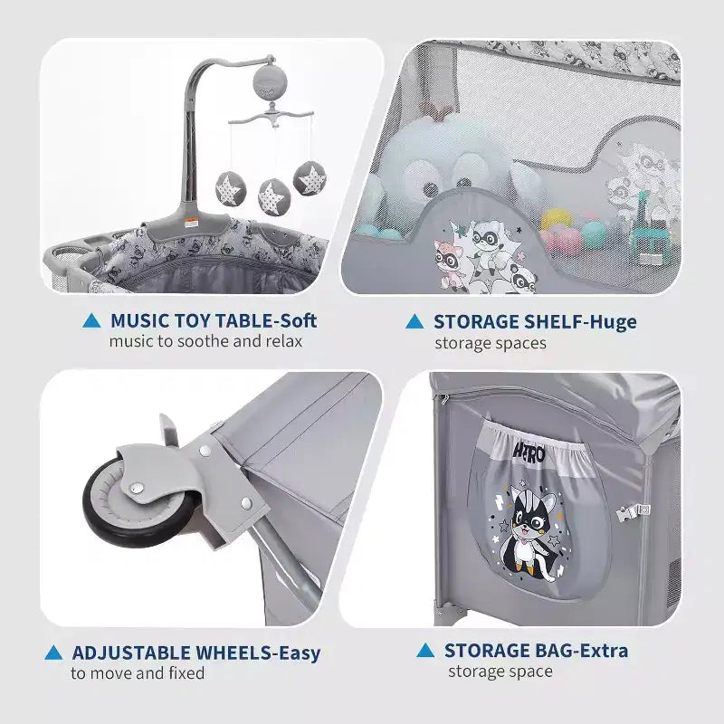 Berceau et parc pour bébé 4 en 1 - Lit portable gris clair avec table à langer, porte zippée et arche de jouets - Roues verrouillables et rangement pour nouveau-nés et tout-petants