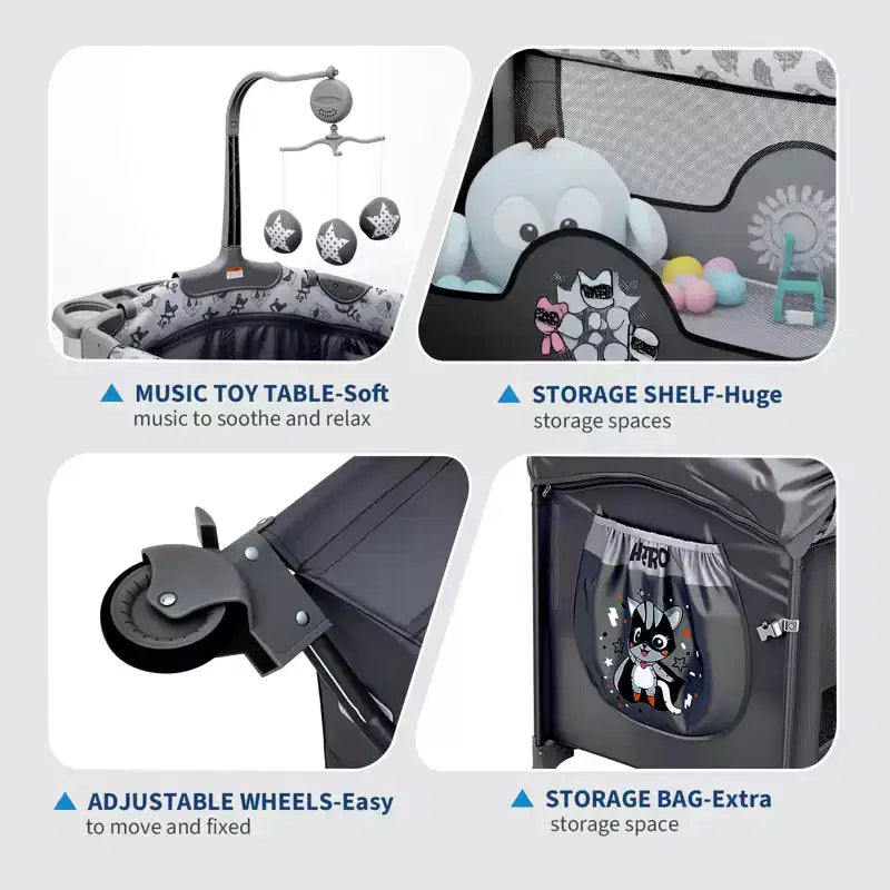 Berceau et parc pour bébé 4 en 1 - Lit portable gris clair avec table à langer, porte zippée et arche de jouets - Roues verrouillables et rangement pour nouveau-nés et tout-petants