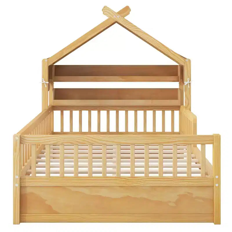 Lit cabane en bois pleine grandeur avec étagère de tête de lit de rangement et baldaquin pour chambre d'enfant