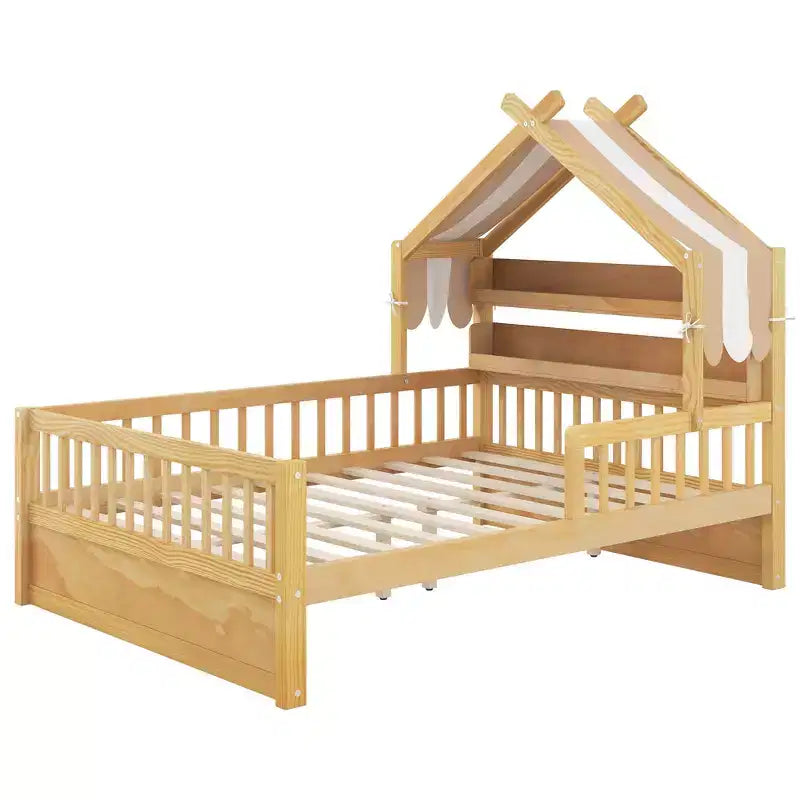 Lit cabane en bois pleine grandeur avec étagère de tête de lit de rangement et baldaquin pour chambre d'enfant