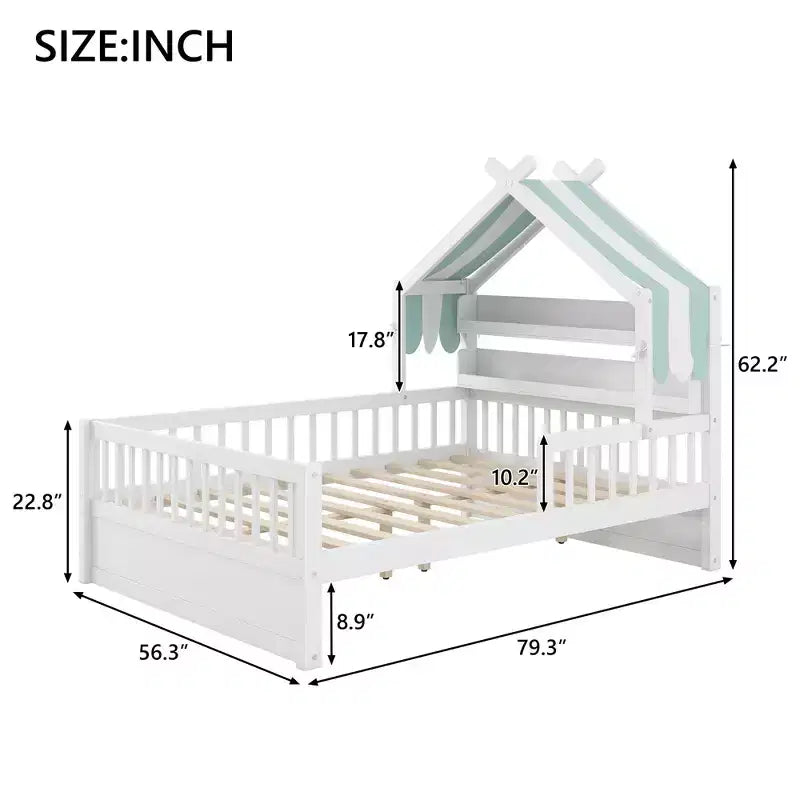 Lit cabane en bois pleine grandeur avec étagère de tête de lit de rangement et baldaquin pour chambre d'enfant