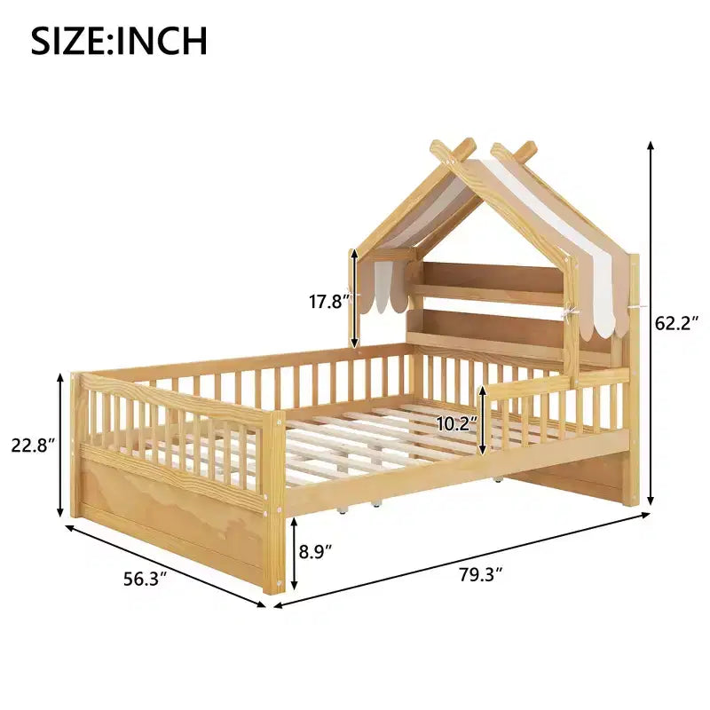 Lit cabane en bois pleine grandeur avec étagère de tête de lit de rangement et baldaquin pour chambre d'enfant