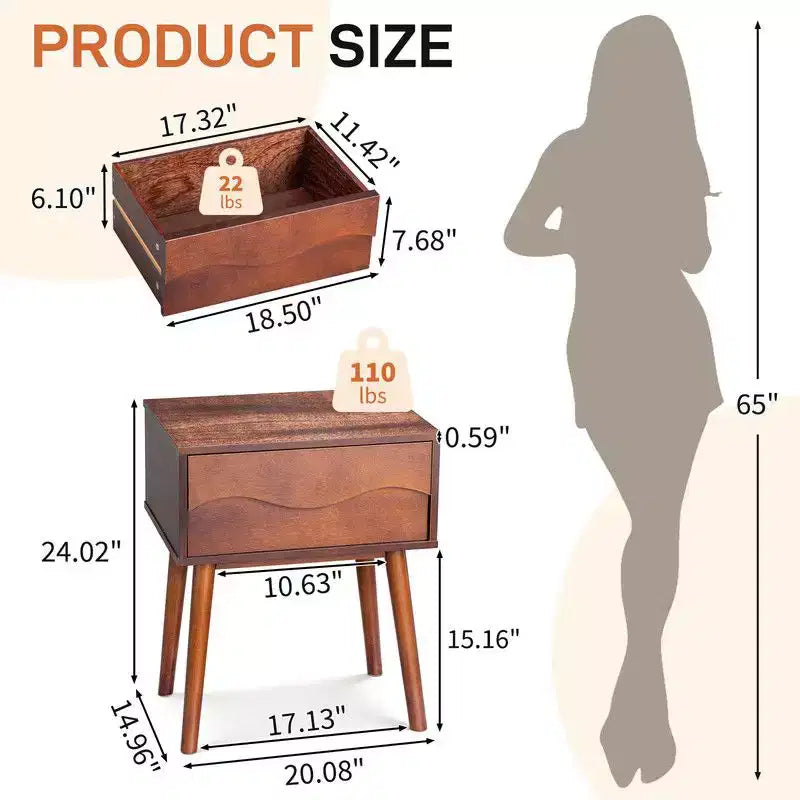 Table de chevet P2 MDF marron, pieds hauts, sans poignée, 1 tiroir, 51 cm
