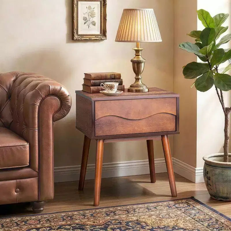 Table de chevet P2 MDF marron, pieds hauts, sans poignée, 1 tiroir, 51 cm