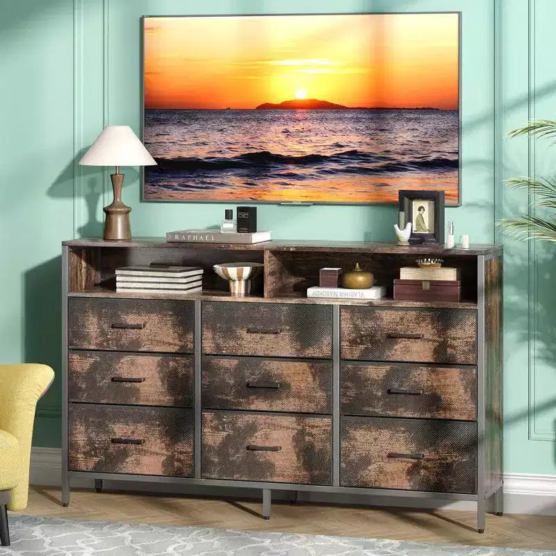 Armoire de rangement moderne à 9 tiroirs en tissu non tissé de 55", structure en acier