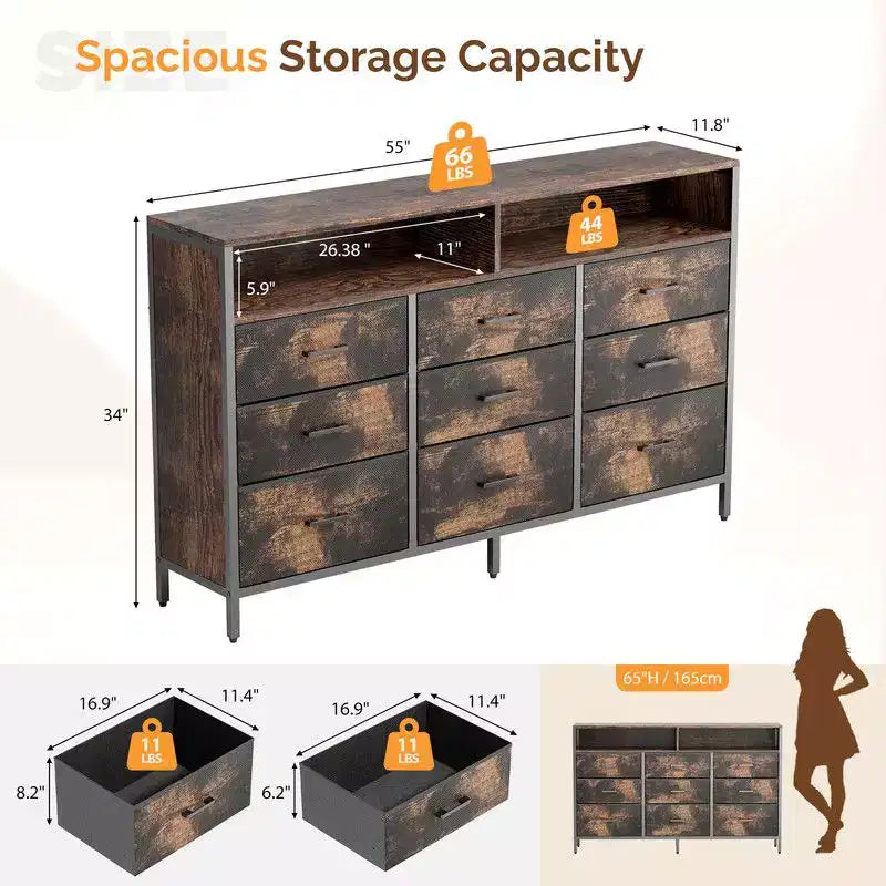 Armoire de rangement moderne à 9 tiroirs en tissu non tissé de 55", structure en acier