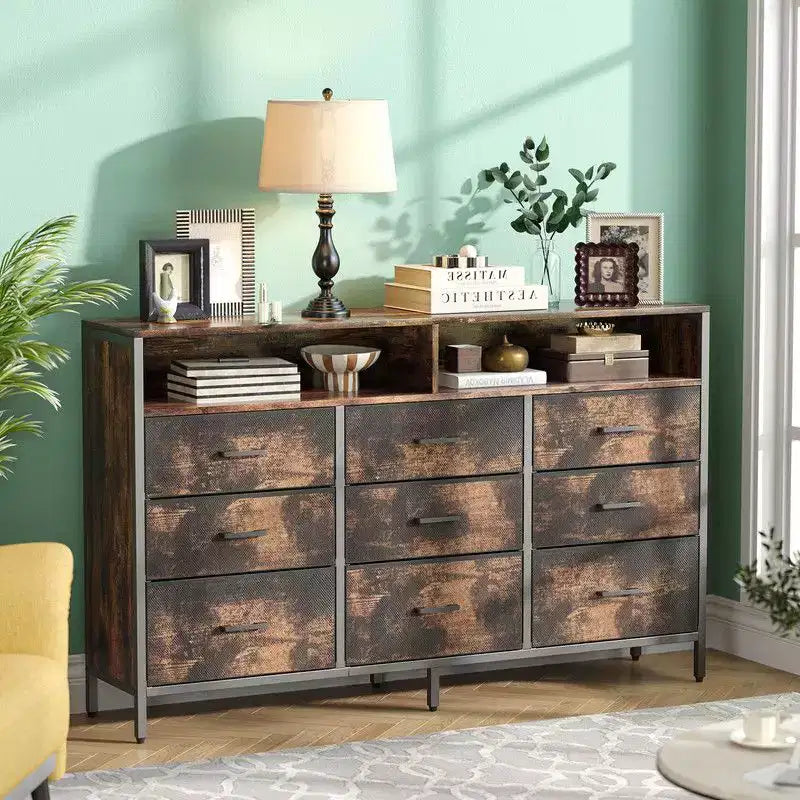 Armoire de rangement moderne à 9 tiroirs en tissu non tissé de 55", structure en acier