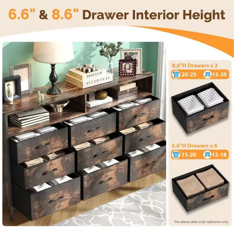 Armoire de rangement moderne à 9 tiroirs en tissu non tissé de 55", structure en acier